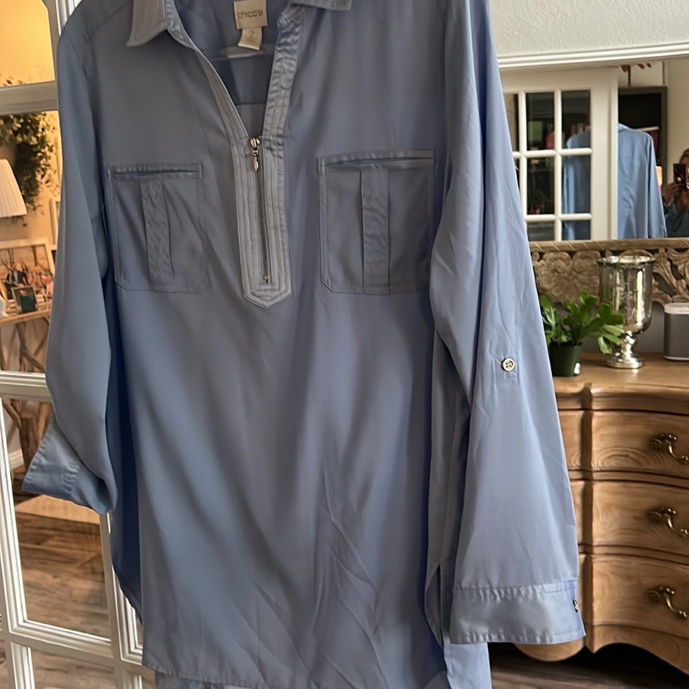 Chico’s Size 2 Light Blue Silky Blouse - Picture 3 of 6